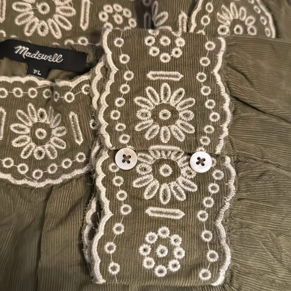 Madewell Embroidered corduroy olive green square neck mini dress‎ Sz PL new